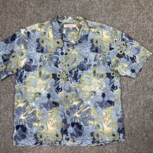 Tommy Bahama Shirt Mens XL Blue Floral 100% Silk Causal Tropical Hawaiian